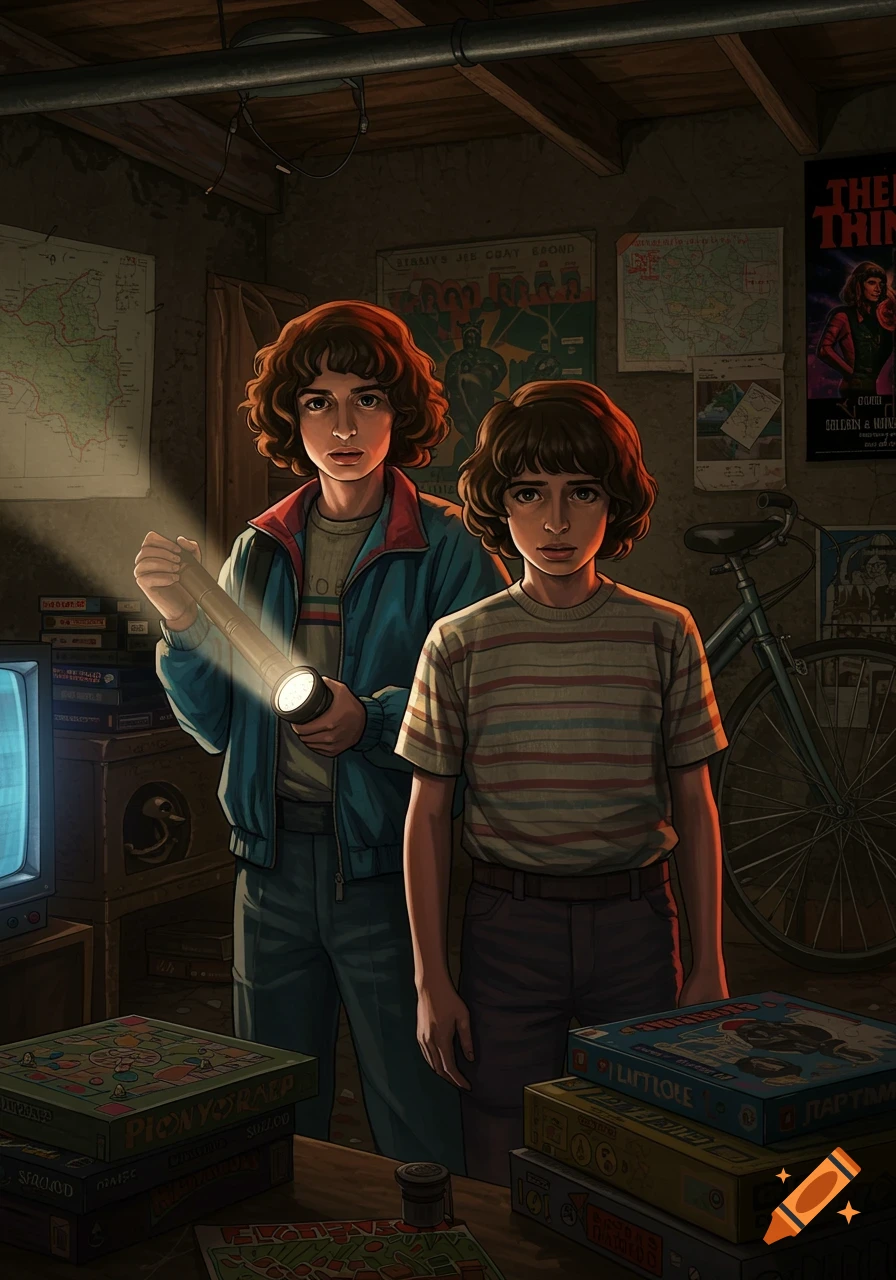 Two young boys, resembling Mike and Will from Stranger Things, stand in a dimly lit room with one holding a flashlight, surrounded by maps, posters, and board games.