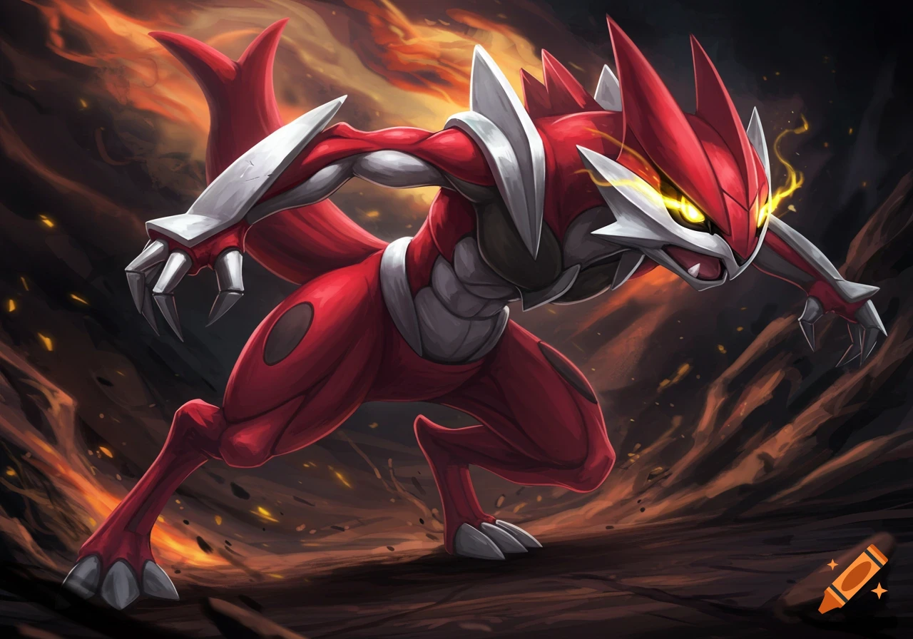 A red and silver muscular quadrupedal creature with glowing yellow eyes, poised for attack against a fiery, dark background.