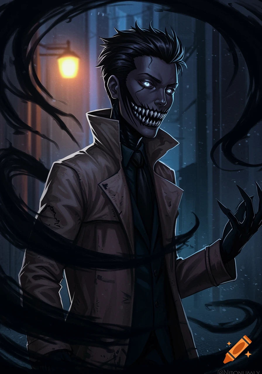 An illustrated dark fantasy character with glowing eyes, sharp teeth, and shadow tendrils, wearing a trench coat on a dark street.