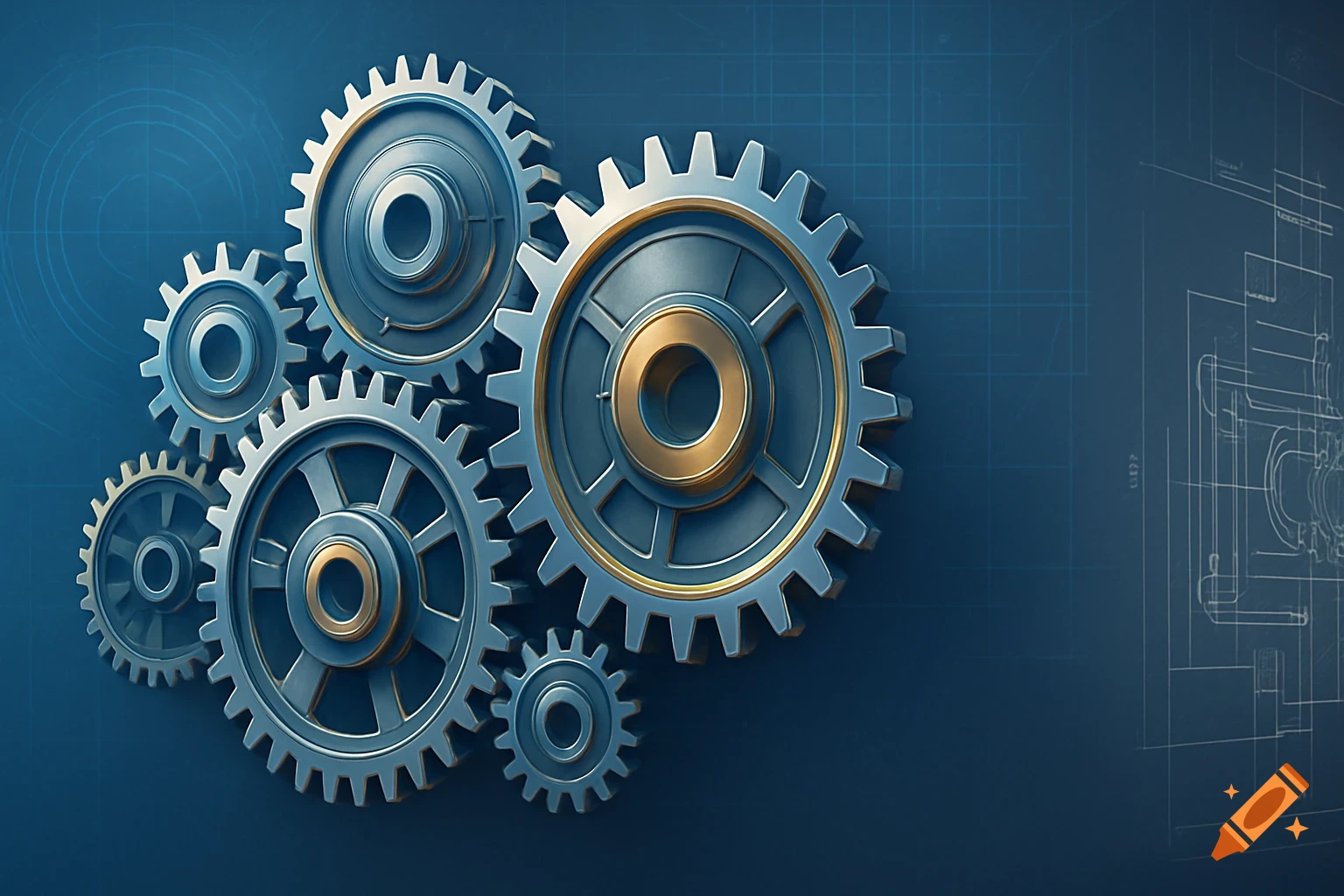 A cluster of metallic gears of various sizes, with some having golden accents, on a deep blue background with faint blueprint lines.