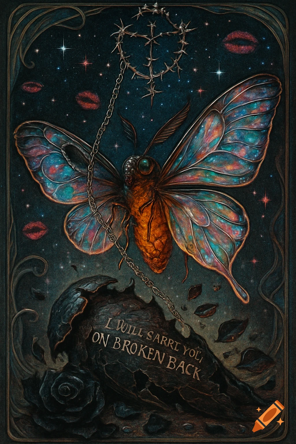A gothic art nouveau illustration of a moth with iridescent wings, chained to a thorny symbol, emerging from a cracked husk with text 'I Will SARRY YOU, ON BROKEN BACK', under a starry sky.
