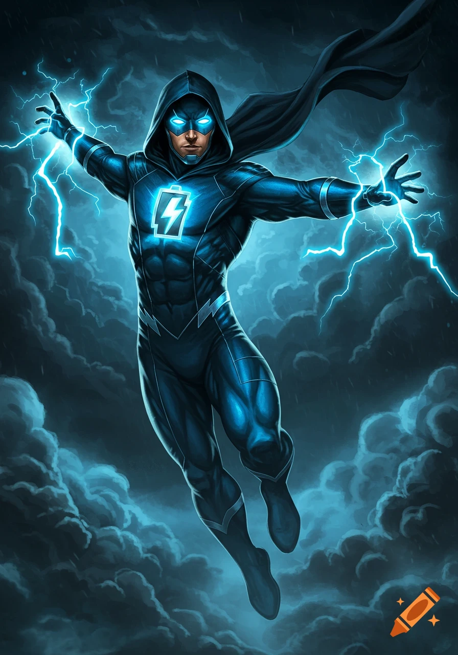 A male superhero in a blue suit and black hood with a glowing battery emblem on his chest and glowing blue eyes. He floats amidst dark clouds, radiating blue lightning from his hands. Comic art style.
