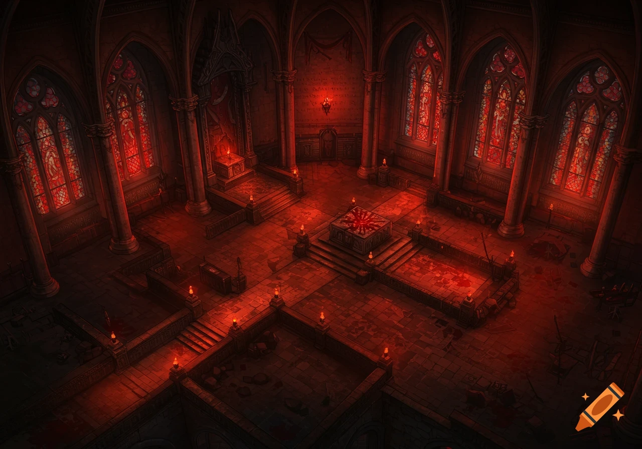 Top-down view of a dark, red-lit underground gothic cathedral battle map with stained glass windows, altars, and bloodstains.