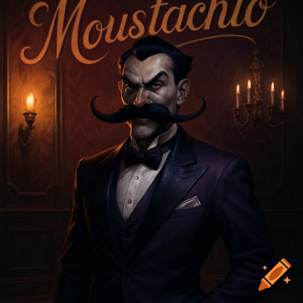 An illustration of a stern man with a large, curled mustache and a dark purple tuxedo. 'Moustachio' is written on the wall behind him.