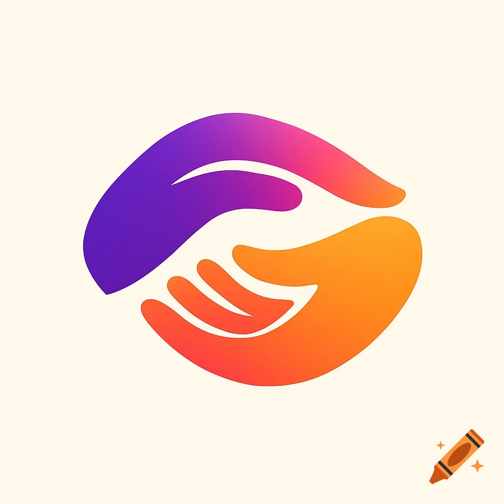 Abstract logo featuring two interlocking hands, one purple and one orange, on a light background.