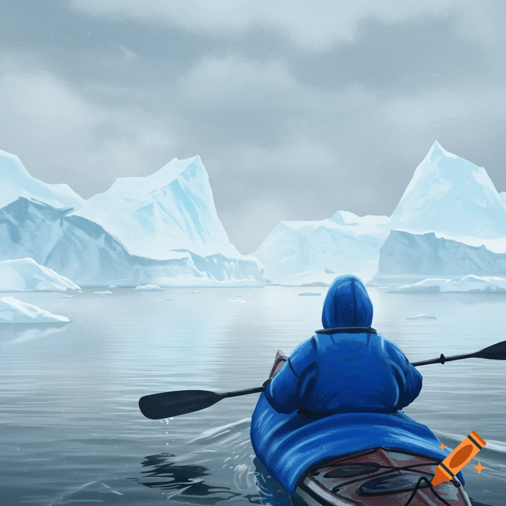 Rear view of a person in a blue kayak paddling through icy water with large icebergs in the background under a cloudy sky.