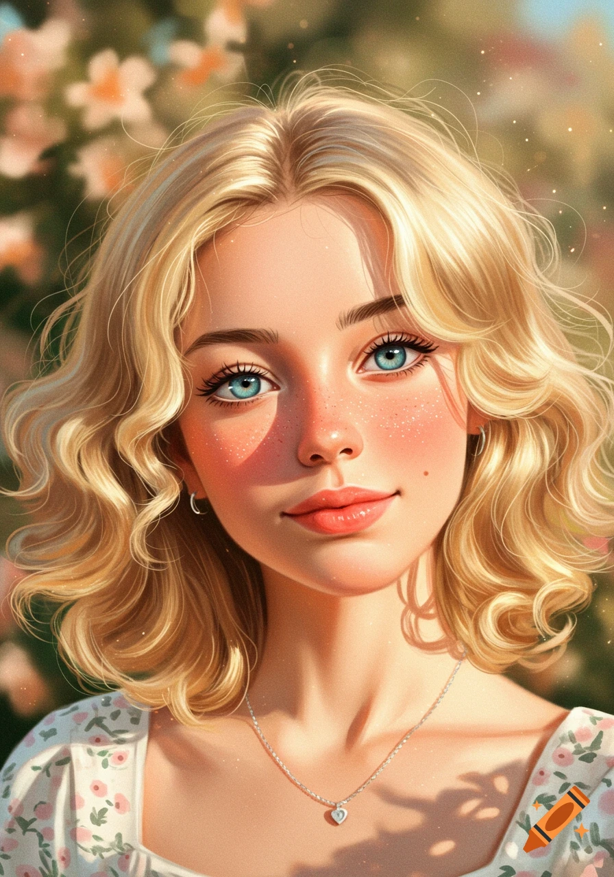 A vibrant portrait of a young blonde woman with blue eyes, light freckles, and a subtle smile, set against a blurry floral background.