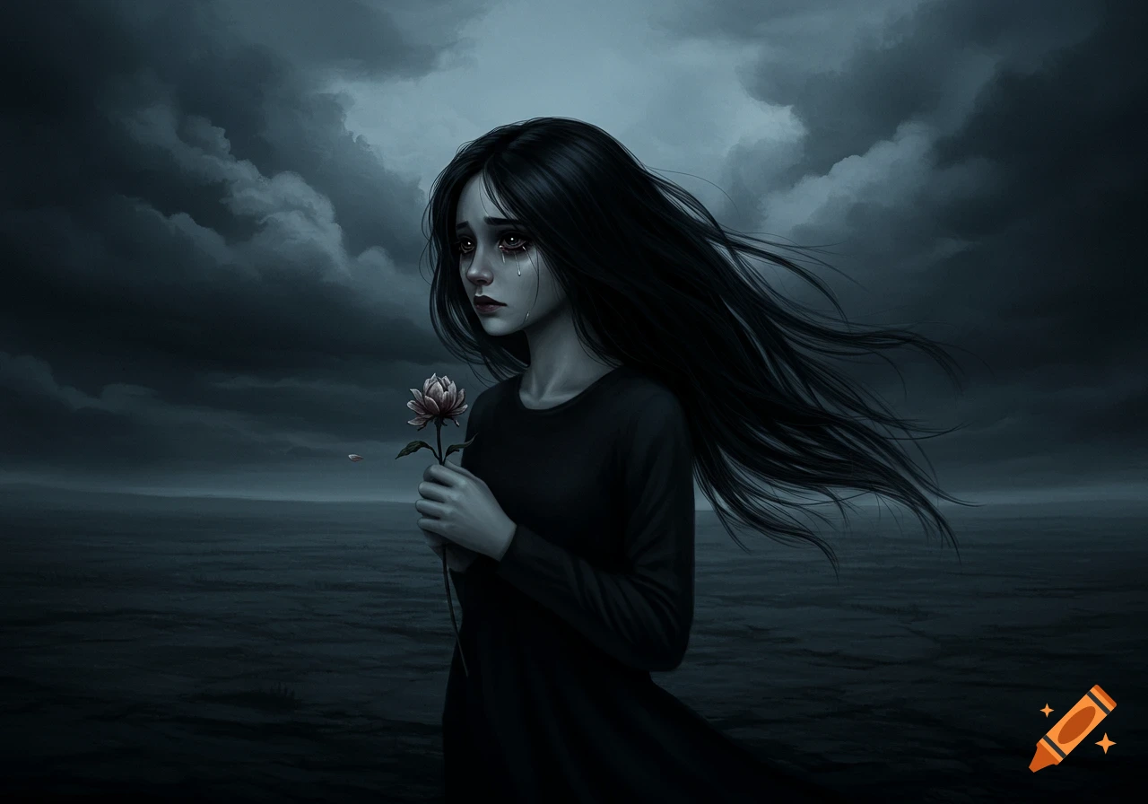 A pale girl with long dark hair cries while holding a wilting flower in a dark, stormy landscape.