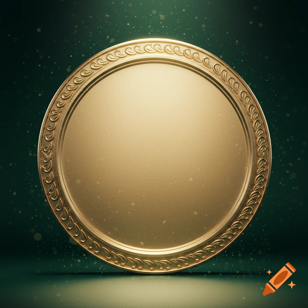 A blank gold medallion with an ornate rim sits on a reflective surface against a dark green, sparkling background.