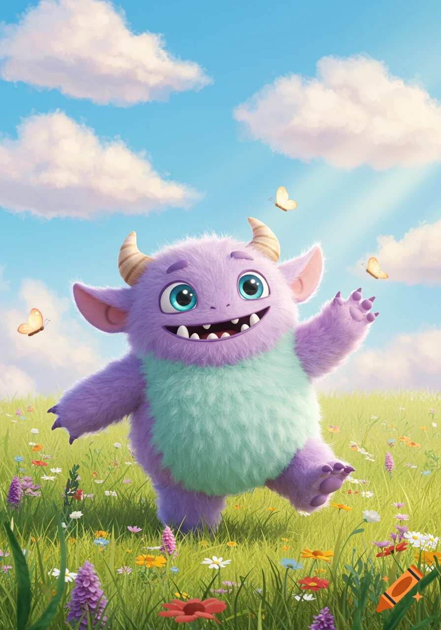 A fluffy purple and mint-green monster with horns smiles in a colorful wildflower meadow under a bright blue sky with butterflies.