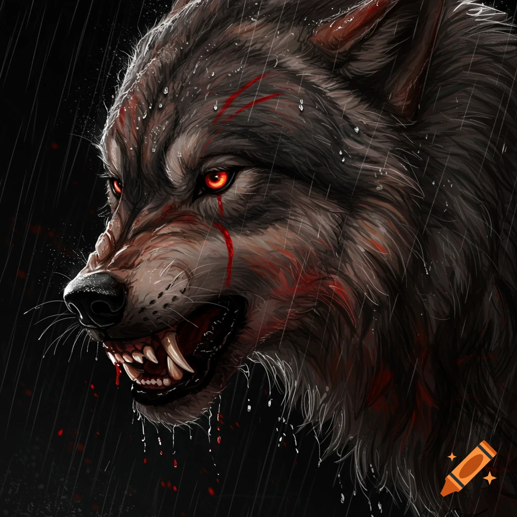 A close-up of a snarling wolf with glowing red eyes, blood on its muzzle, and wet fur, in a dark, rainy setting.