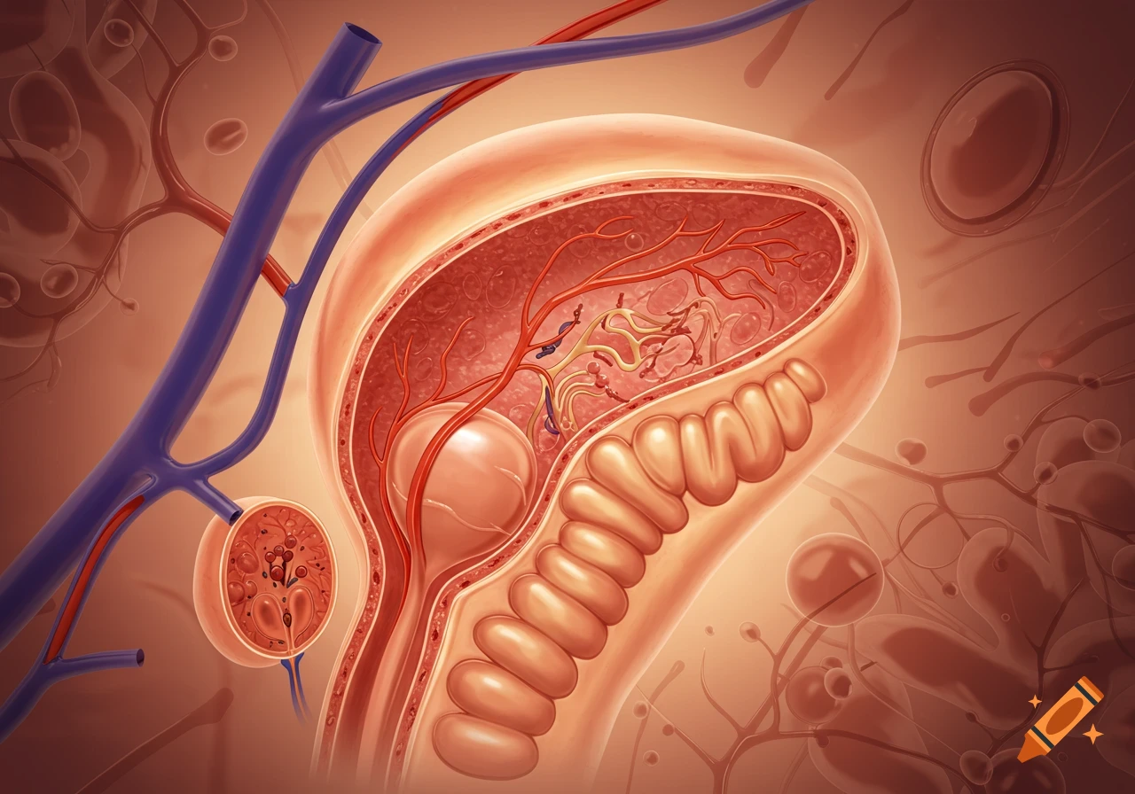 Detailed medical illustration of a cross-section of the prostate gland and surrounding vascular structures.