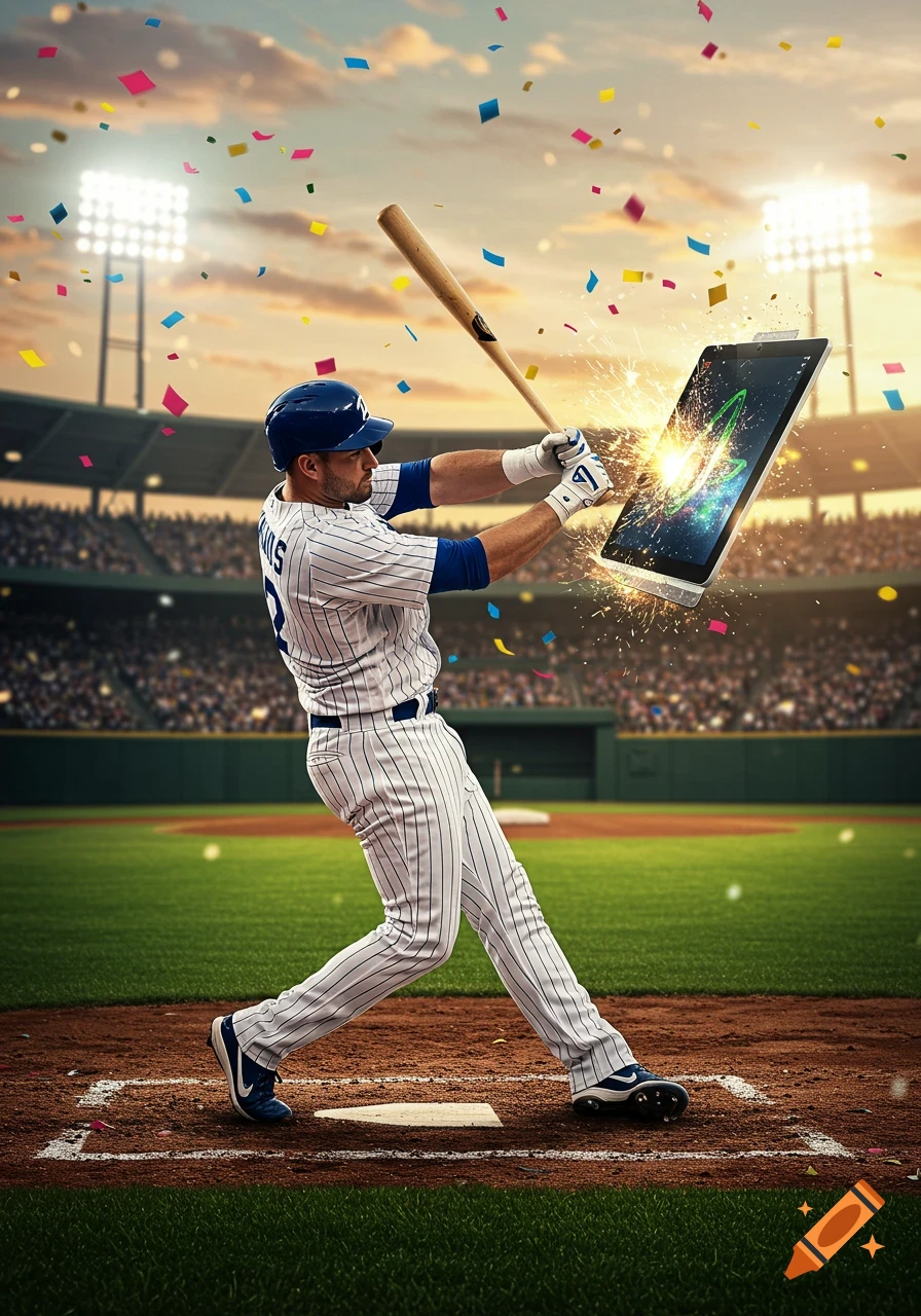 A photorealistic image of a baseball player in uniform mid-swing, hitting a tablet with his bat on a baseball field during sunset, with confetti.