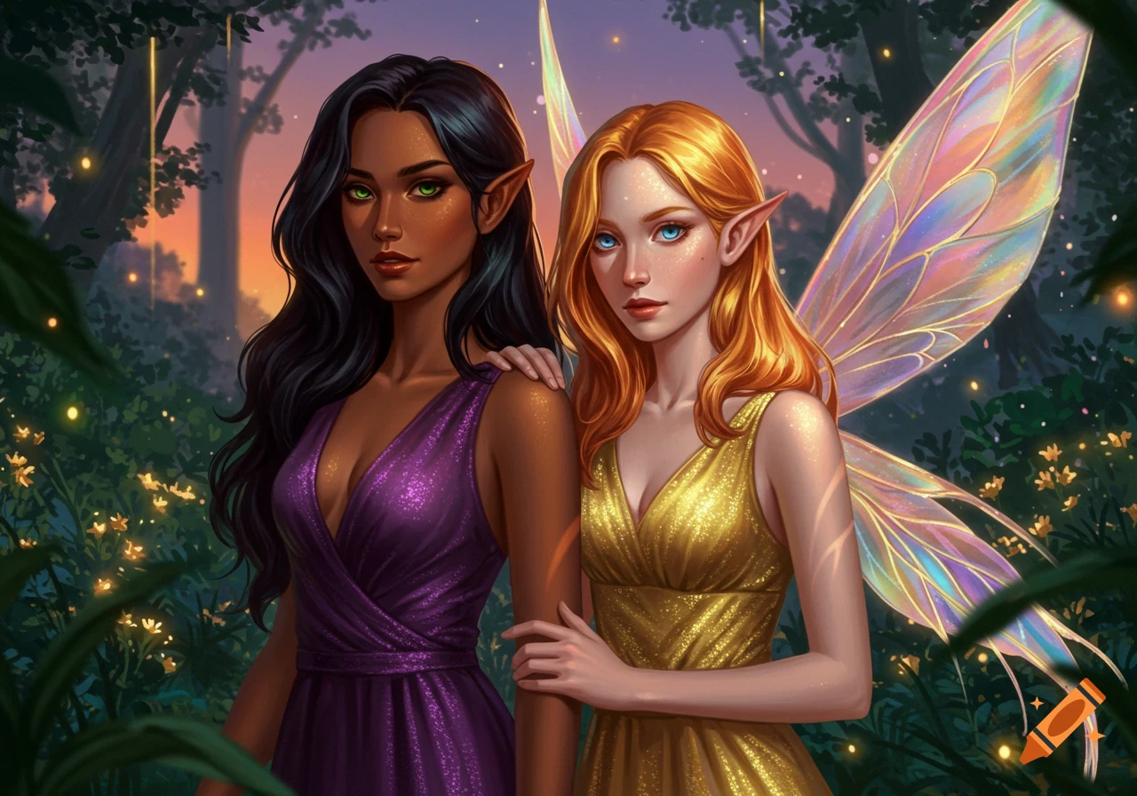 Two fairy-like women, one with dark hair in purple, one with golden hair and iridescent wings in yellow, in an enchanted forest.