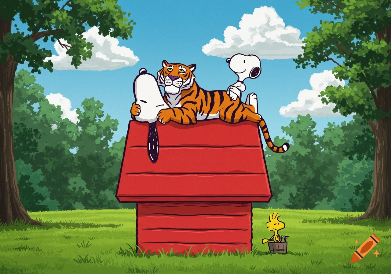 Snoopy, Woodstock, and a tiger laying on top of a red dog house in a cartoon style.