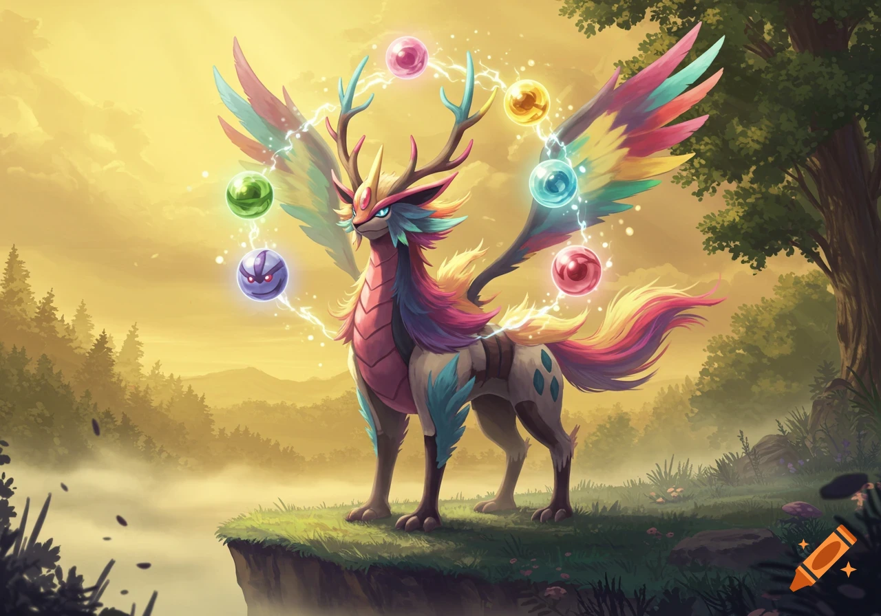 A vibrant, winged, deer-like fantasy creature with rainbow feathers and antlers stands on a cliff, surrounded by glowing elemental orbs, against a golden misty landscape.