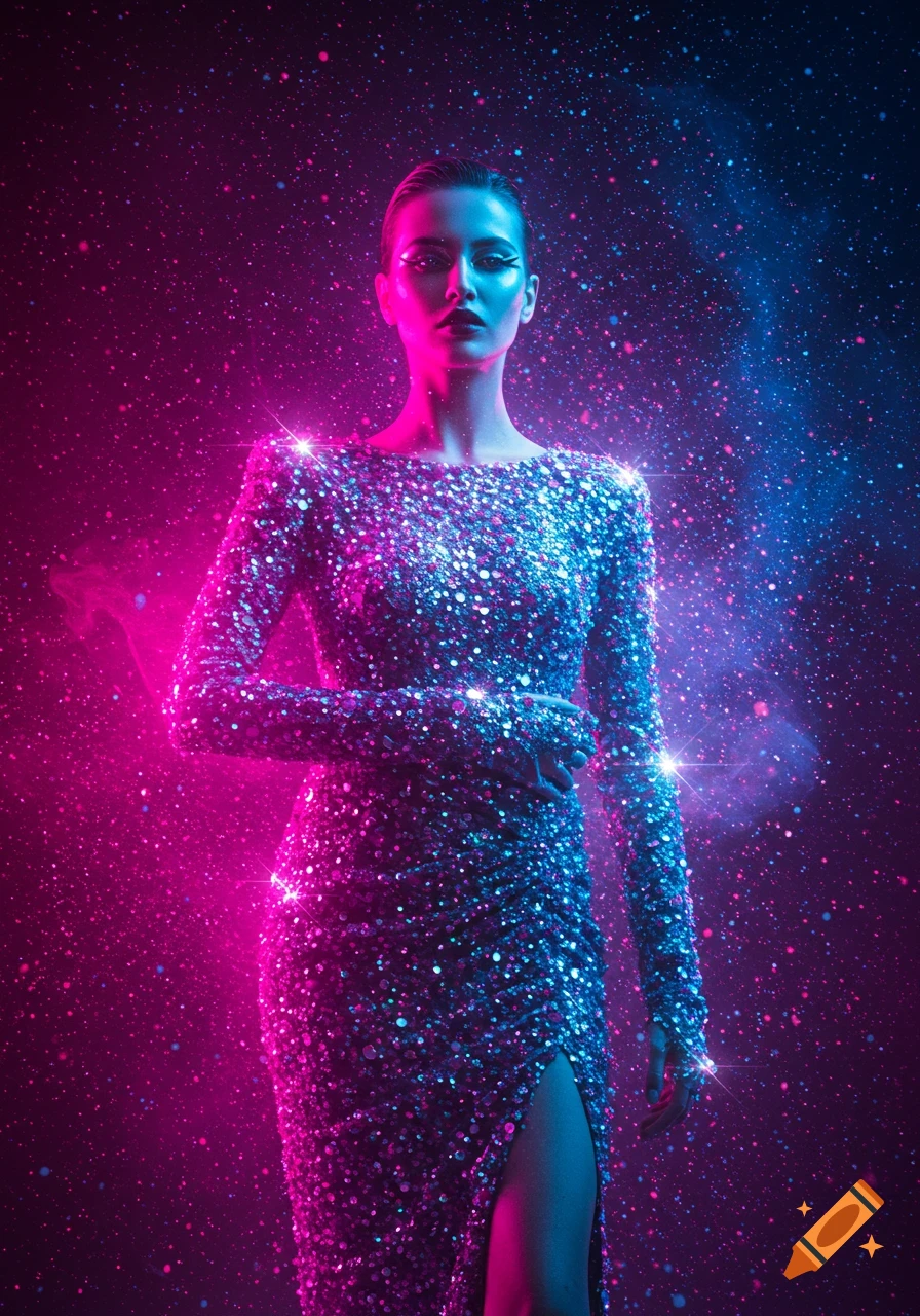 A woman in a shimmering blue and pink sequined dress stands against a starry, neon-lit background with a slit in her dress.