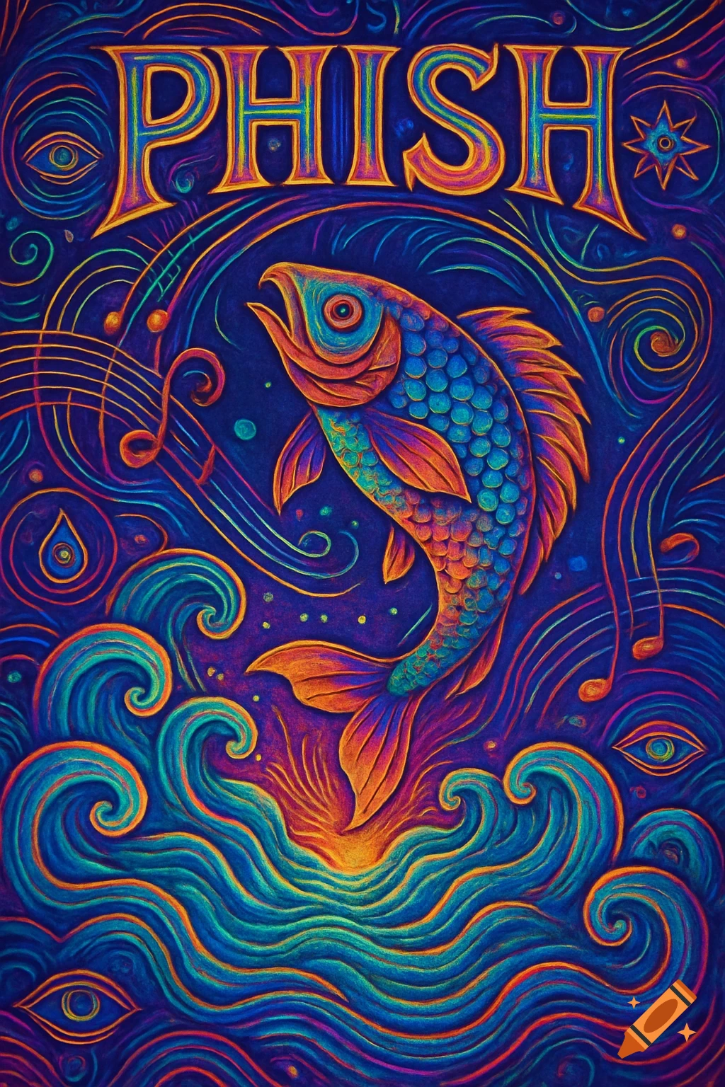 A vibrant psychedelic concert poster for "PHISH" featuring a colorful fish surrounded by swirling waves, music notes, and abstract patterns.