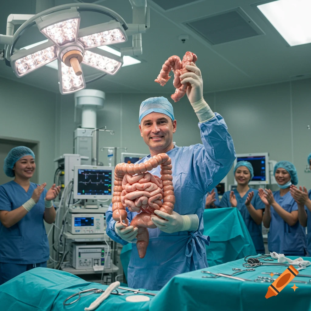 A triumphant surgeon in scrubs holds up a human colon model in an operating room with applauding staff.