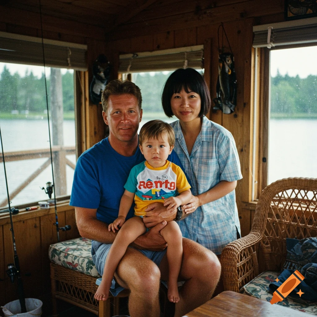 A family of three (white father, Japanese mother, biracial child) smiling in a wooden cabin by a lake.