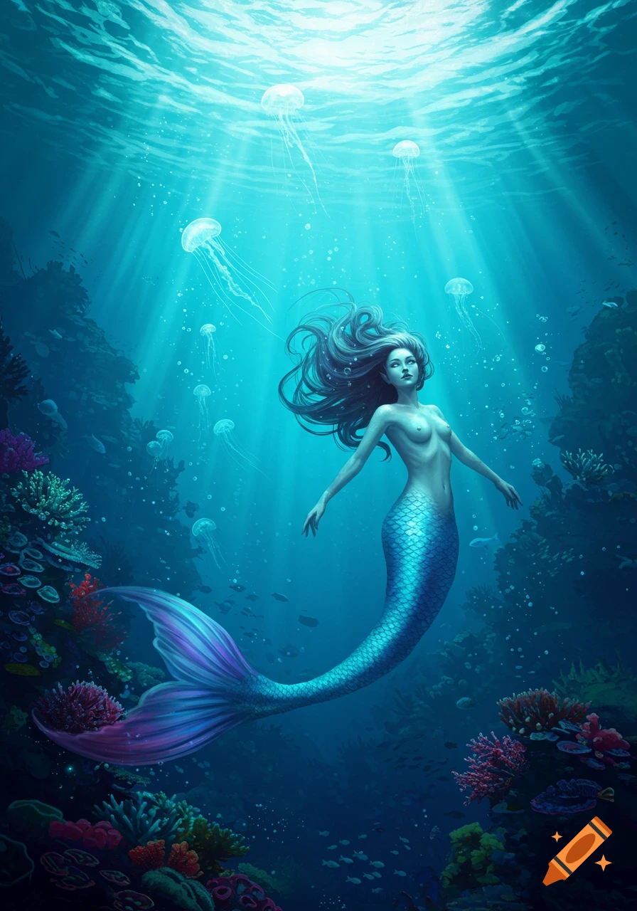 An ethereal mermaid with long flowing hair and a shimmering blue and purple tail swims gracefully in deep turquoise water, surrounded by jellyfish and vibrant coral reefs, with light rays piercing from the surface.