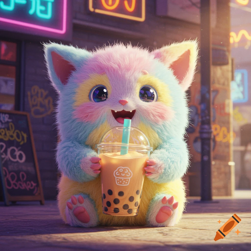 A cute, fluffy, multicolored creature with big eyes happily holds a boba tea with a cupcake logo on the cup, in a vibrant, neon-lit city setting.