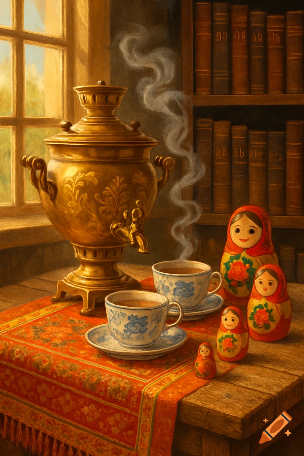 A golden samovar steaming next to two tea cups and several matryoshka dolls on a wooden table with a red patterned cloth, in a warm, painterly style.