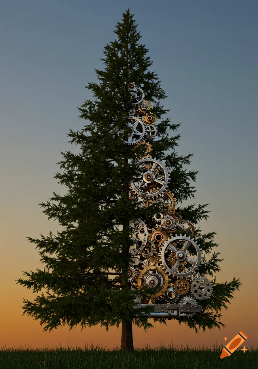 An evergreen tree with its right half replaced by intricate brass and silver gears, against an orange and blue gradient sky above green grass.