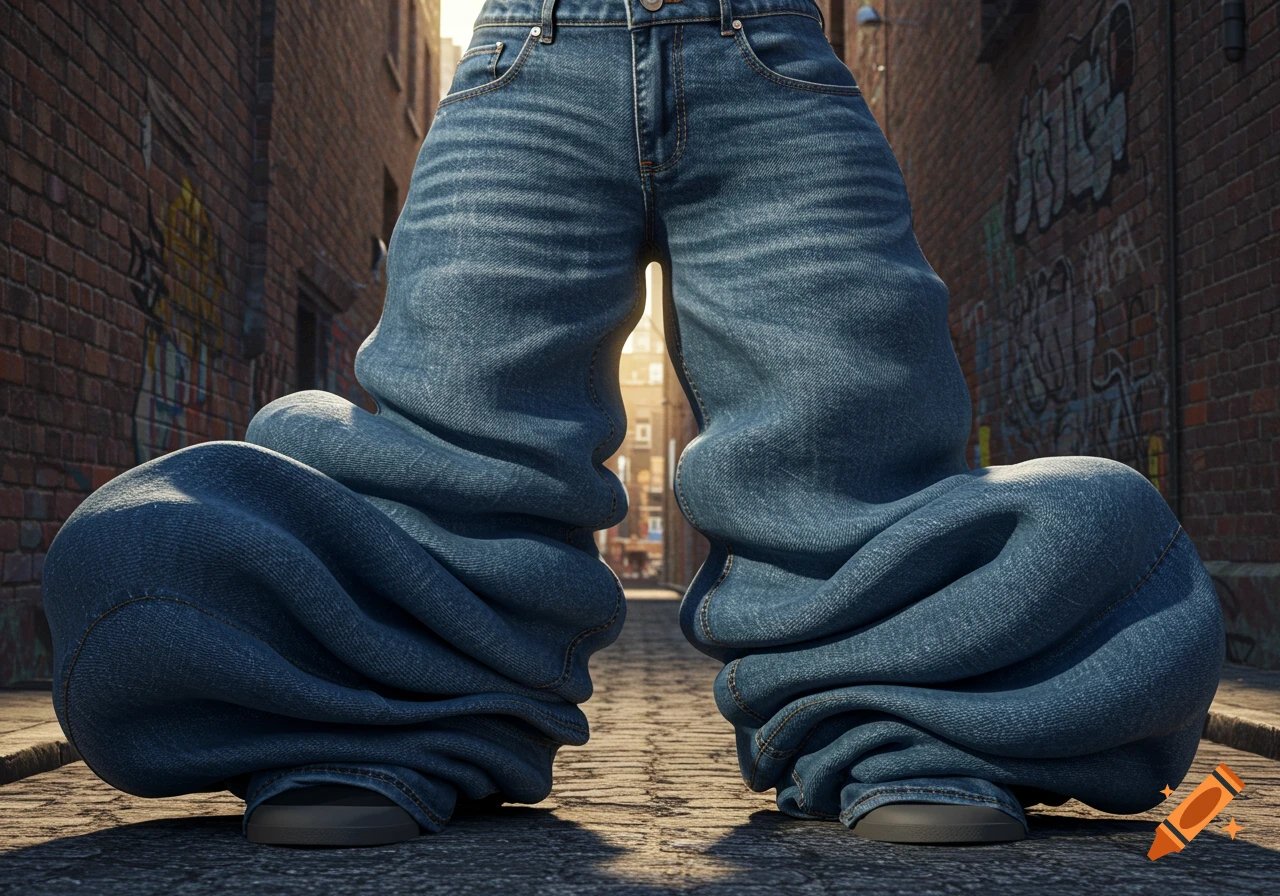 Low-angle view of a person in extremely baggy blue jeans standing in a sunlit urban alleyway with graffiti.