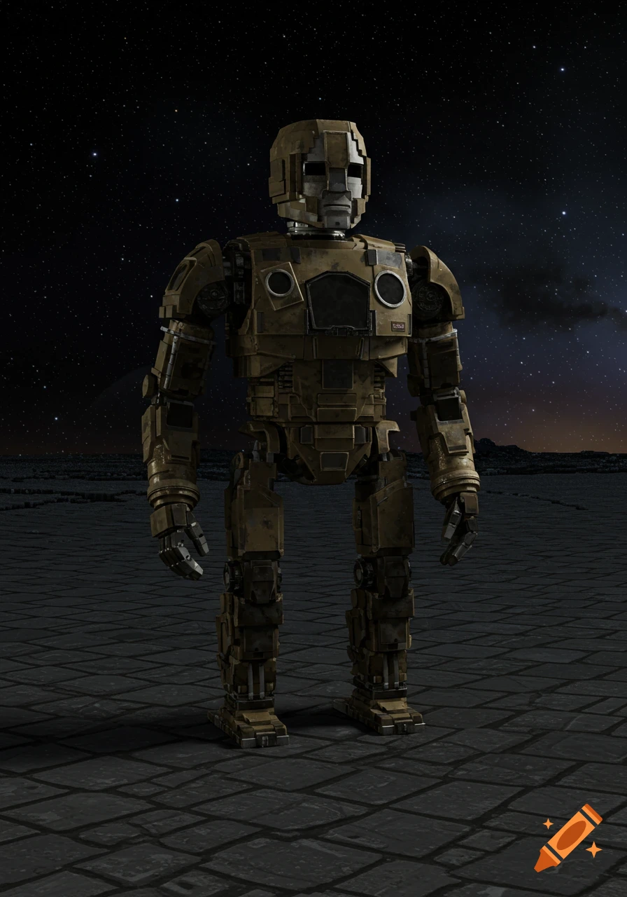 A tall, blocky, bronze robot stands on a dark, textured ground under a starry night sky in a 3D render.