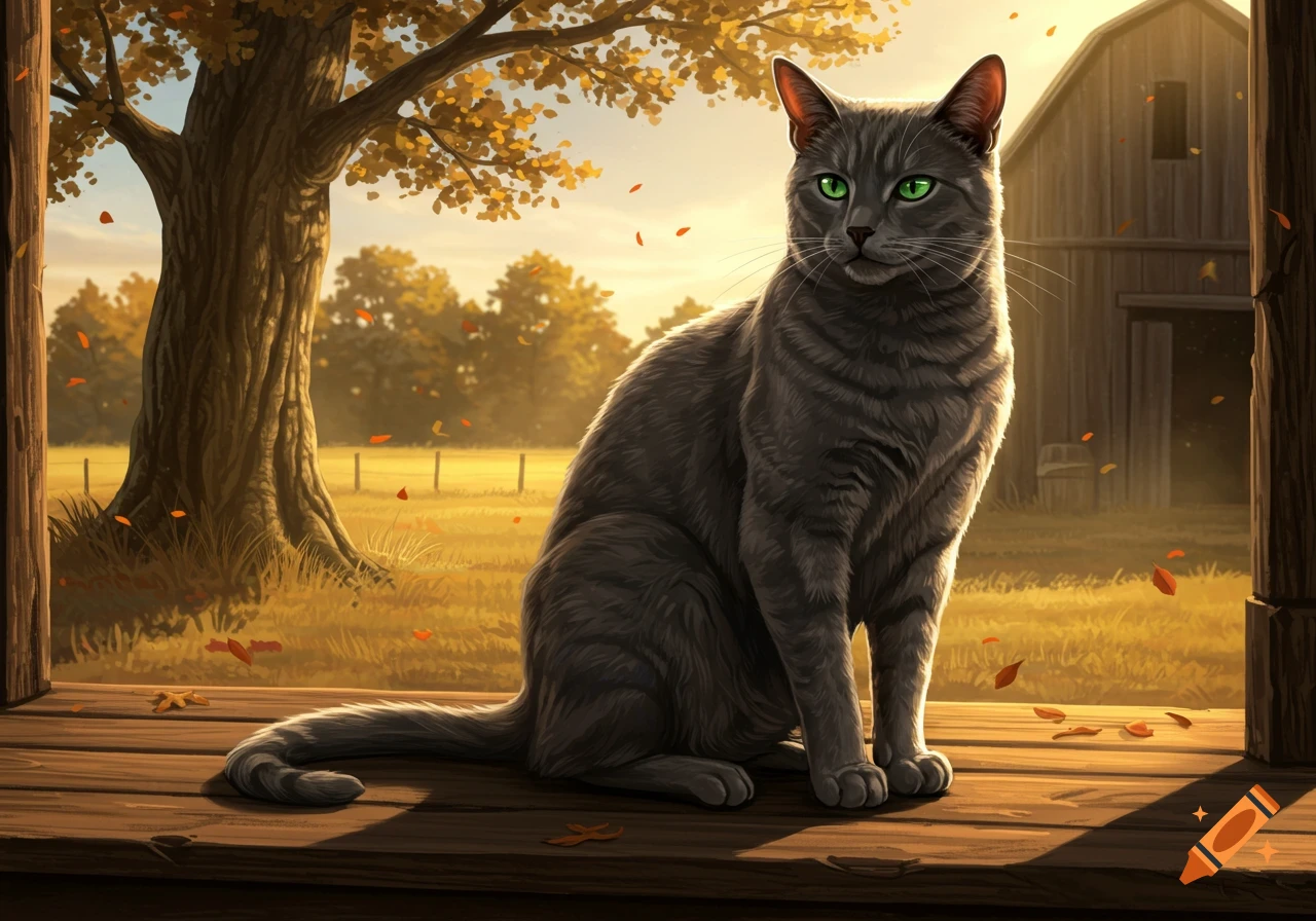 A grey tabby cat with bright green eyes sits on a wooden porch in a sunny autumn rural landscape with a barn and a large tree.