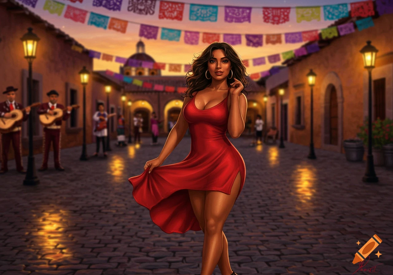 Latina woman in a red dress on a cobblestone street at sunset, with colorful banners and musicians in the background. Digital art.