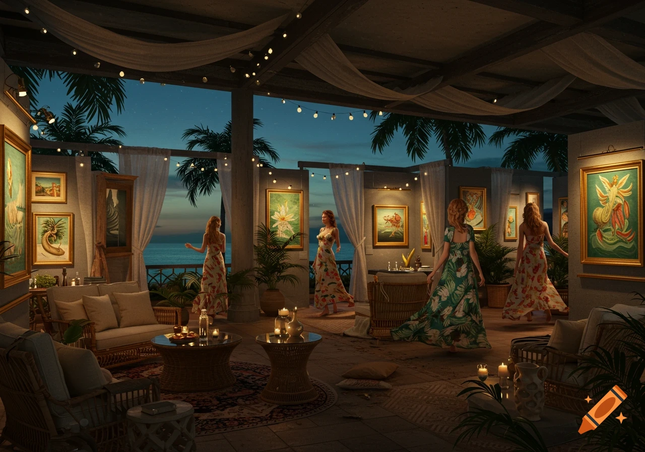 A dreamlike tropical rooftop art gallery at twilight, with women in flowy dresses admiring glowing artworks, rattan furniture, and ocean views.