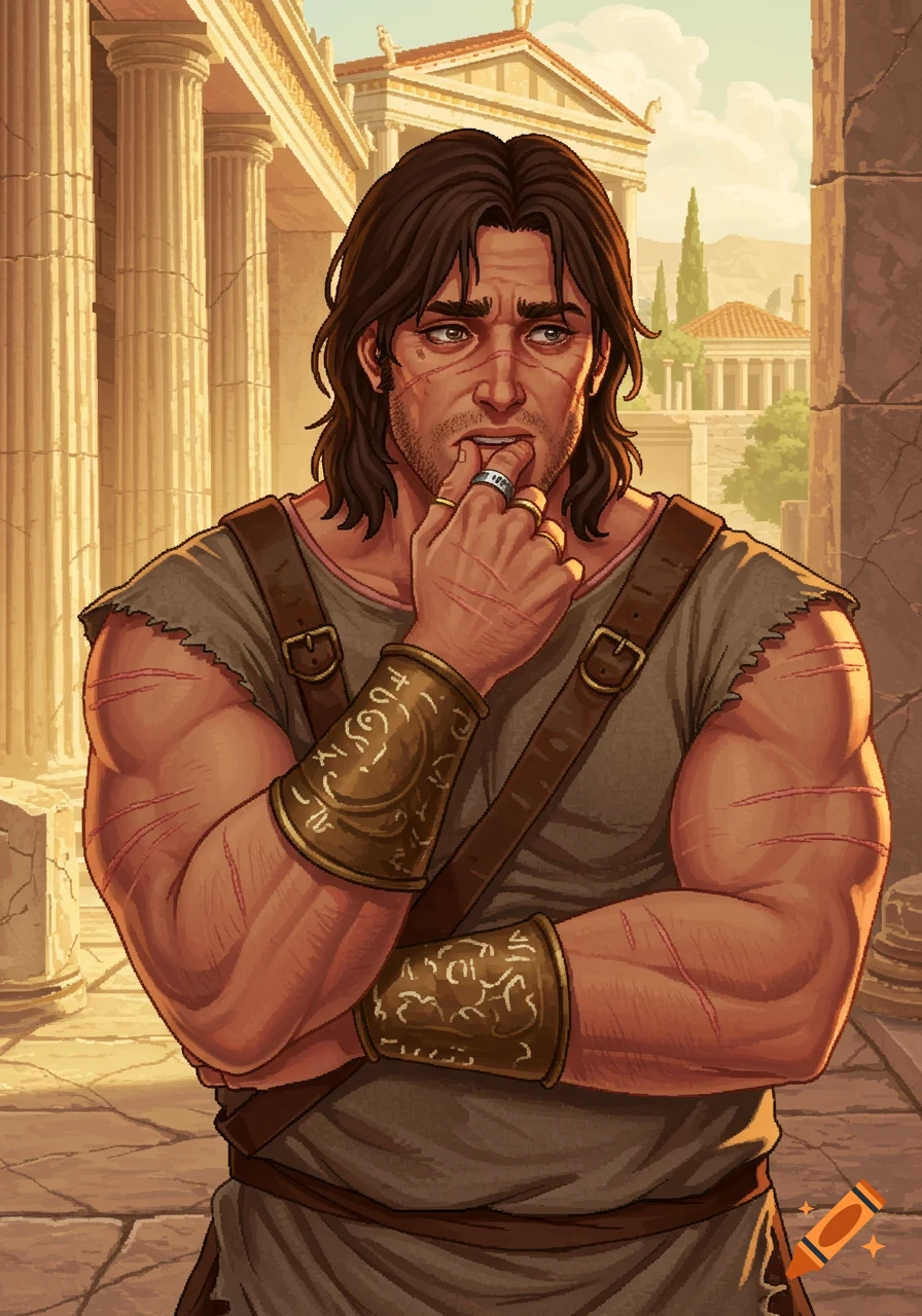 A pixel art portrait of a worried man with scars and long dark hair, wearing ancient Greek-style attire, biting his finger in a city of stone columns.