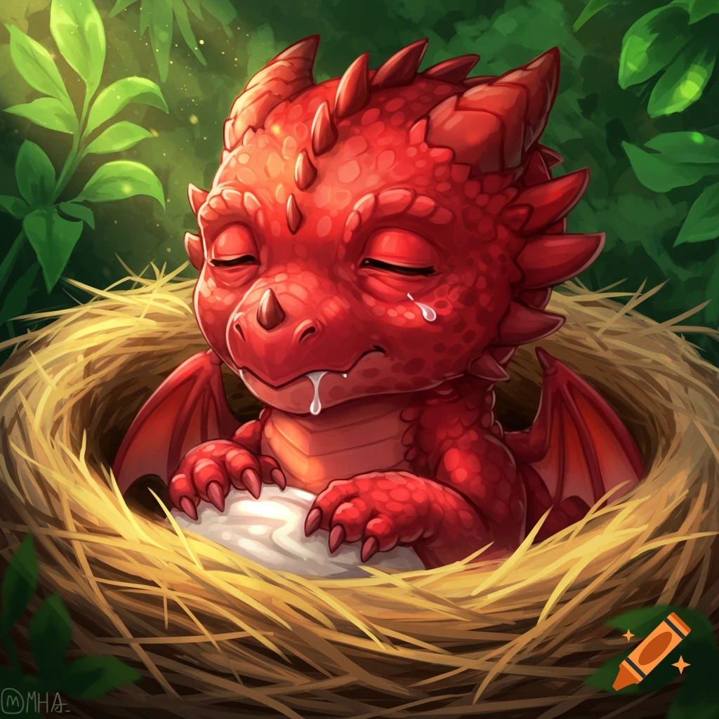A sleepy, cute red dragon hatchling with a milk droplet on its chin, nestled in a straw nest, surrounded by green leaves. Illustrated in MHA style.