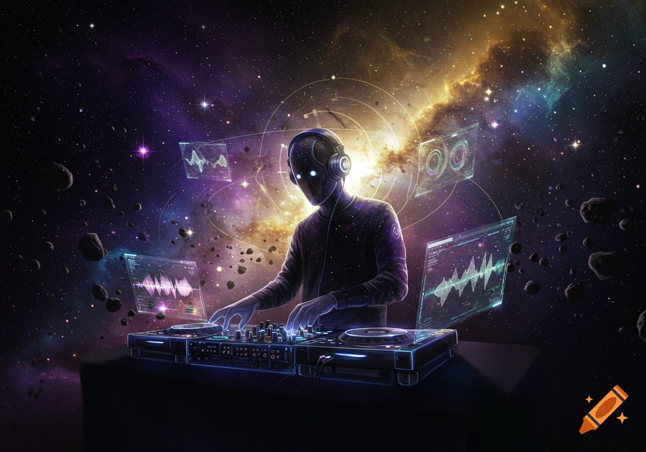 A stylized figure with glowing eyes and headphones, resembling a DJ, operates a mixing board amidst a cosmic backdrop of stars, nebulae, and asteroids, with holographic screens displaying sound waves.
