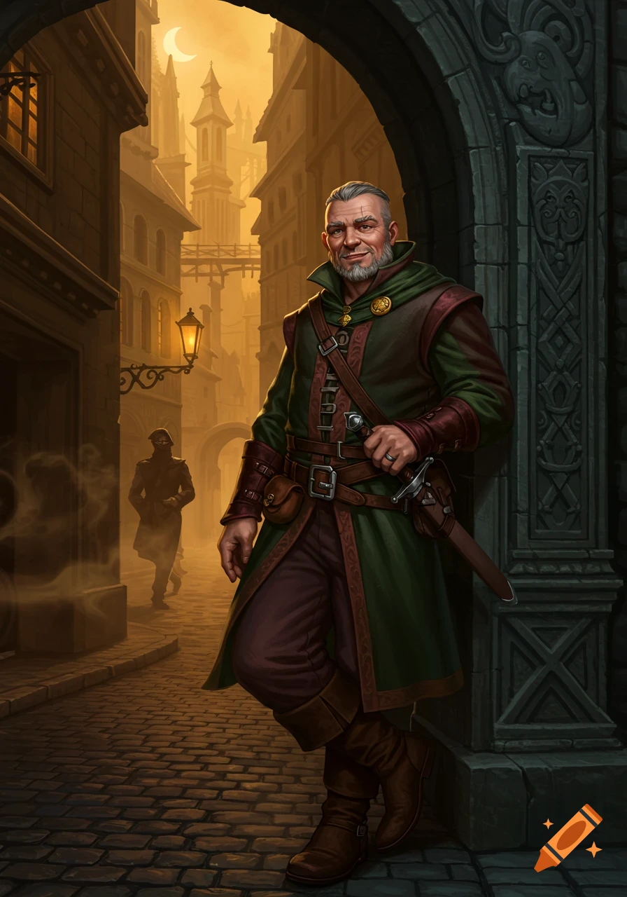 A smiling bearded man in a green cloak and brown clothing leans against a stone archway in an old city alley at dusk, holding a sword.