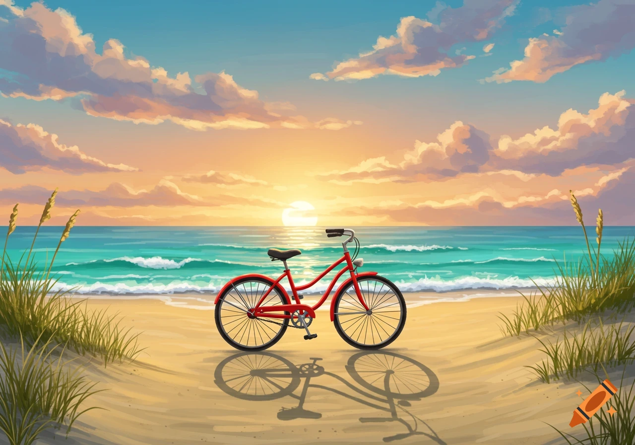 A vibrant illustration of a red bicycle parked on a sandy beach, with turquoise ocean waves and a beautiful sunset sky in the background.