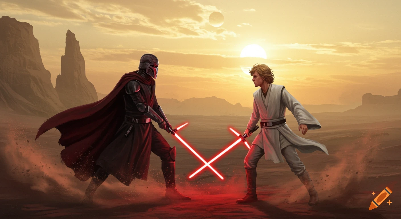 Two men in robes have an intense red lightsaber duel on a desert planet with rocky cliffs and twin suns at sunset.