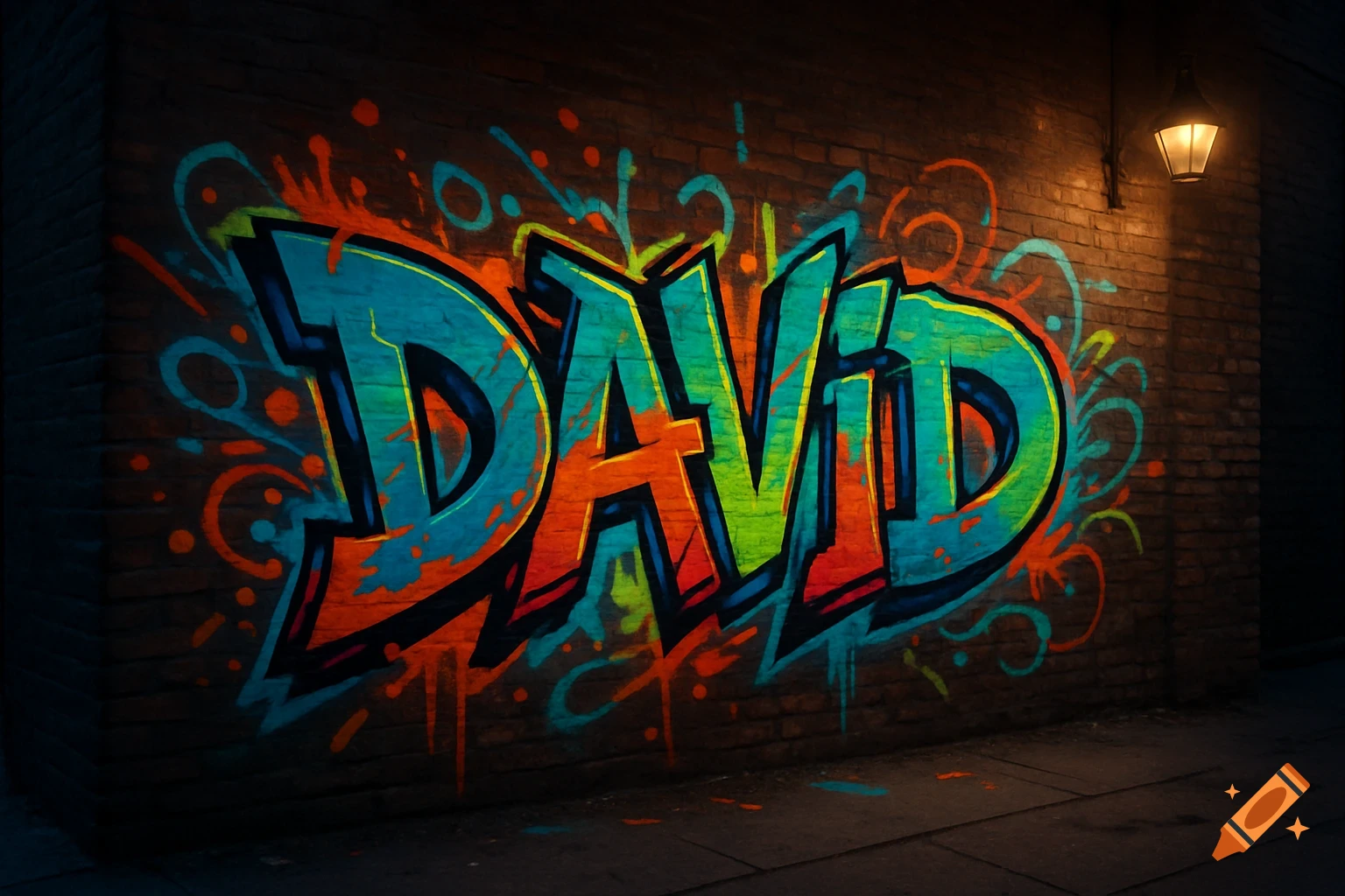 Colorful graffiti of 'DAVID' on a brick wall lit by a street lamp.