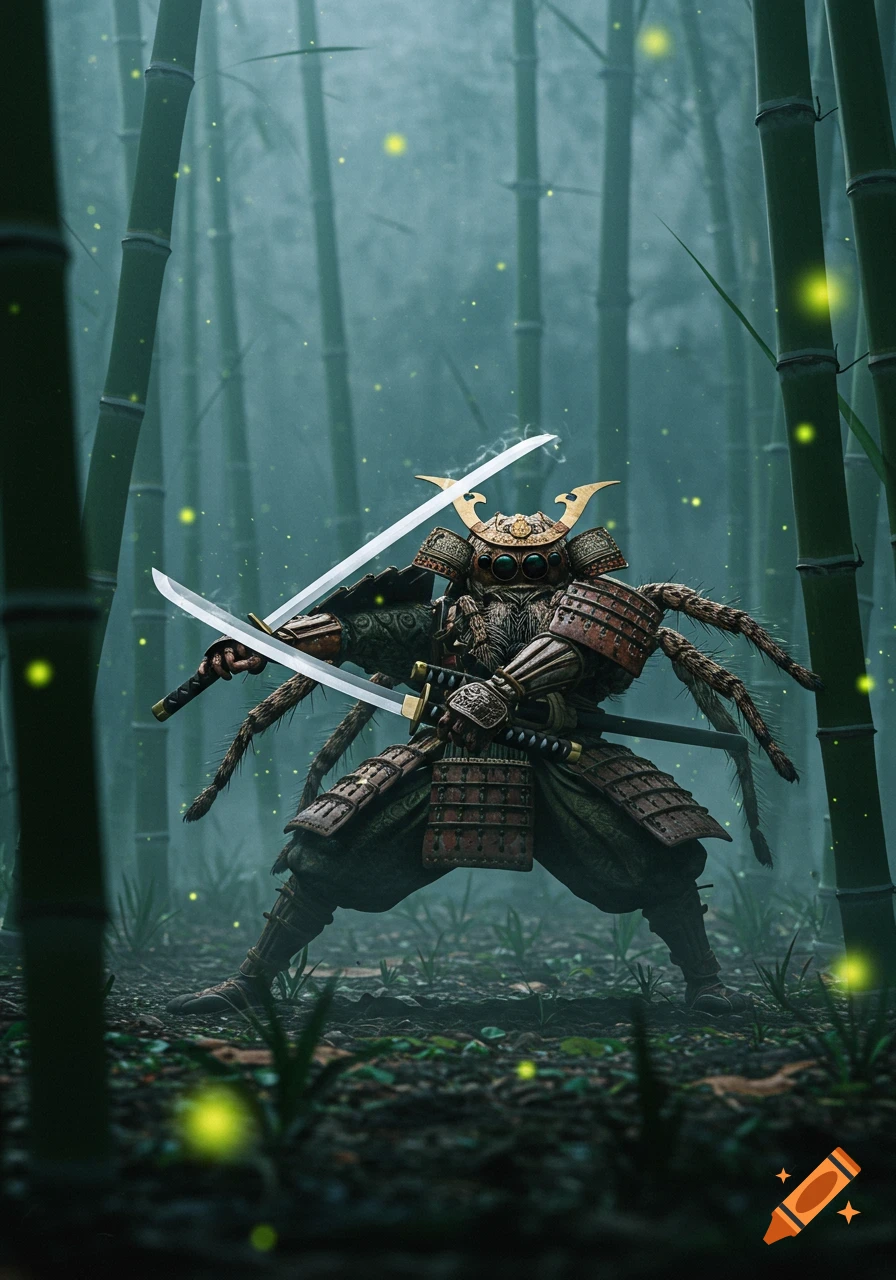A photorealistic spider-samurai warrior wielding two swords in a misty bamboo forest with glowing fireflies.