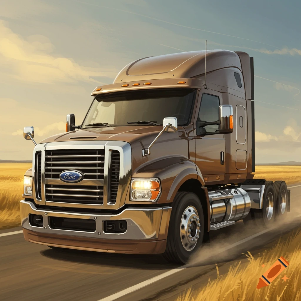 A brown Ford semi-truck with a large chrome grille drives down a road, with fields on either side, under a cloudy sky.