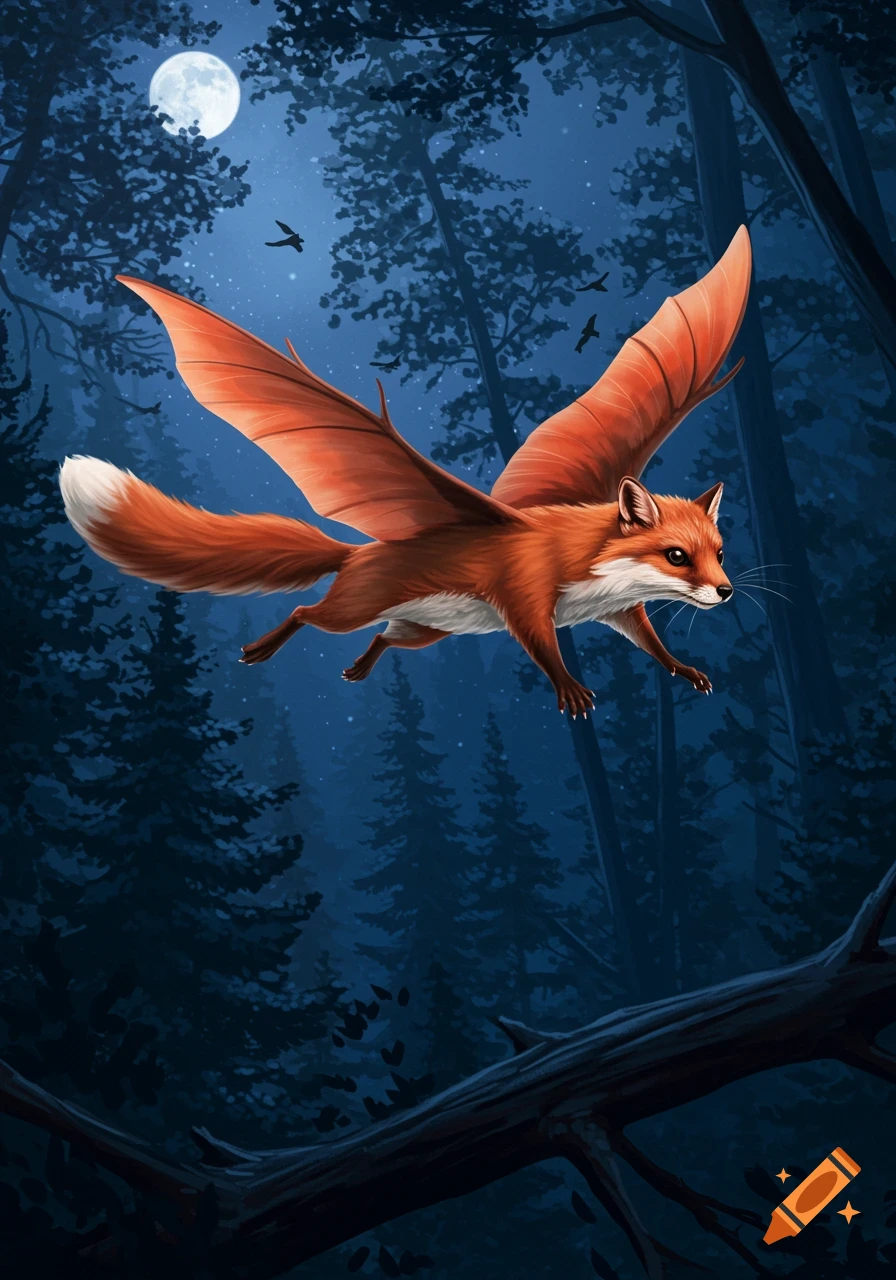 A red fox with large bat-like wings flies through a dark, moonlit forest with tall pine trees.