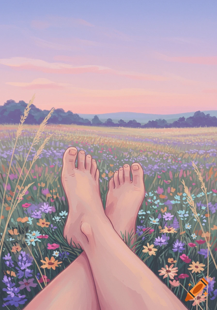 Bare feet crossed, resting in a colorful field of wildflowers under a pastel sky, illustrated in a dreamy style.