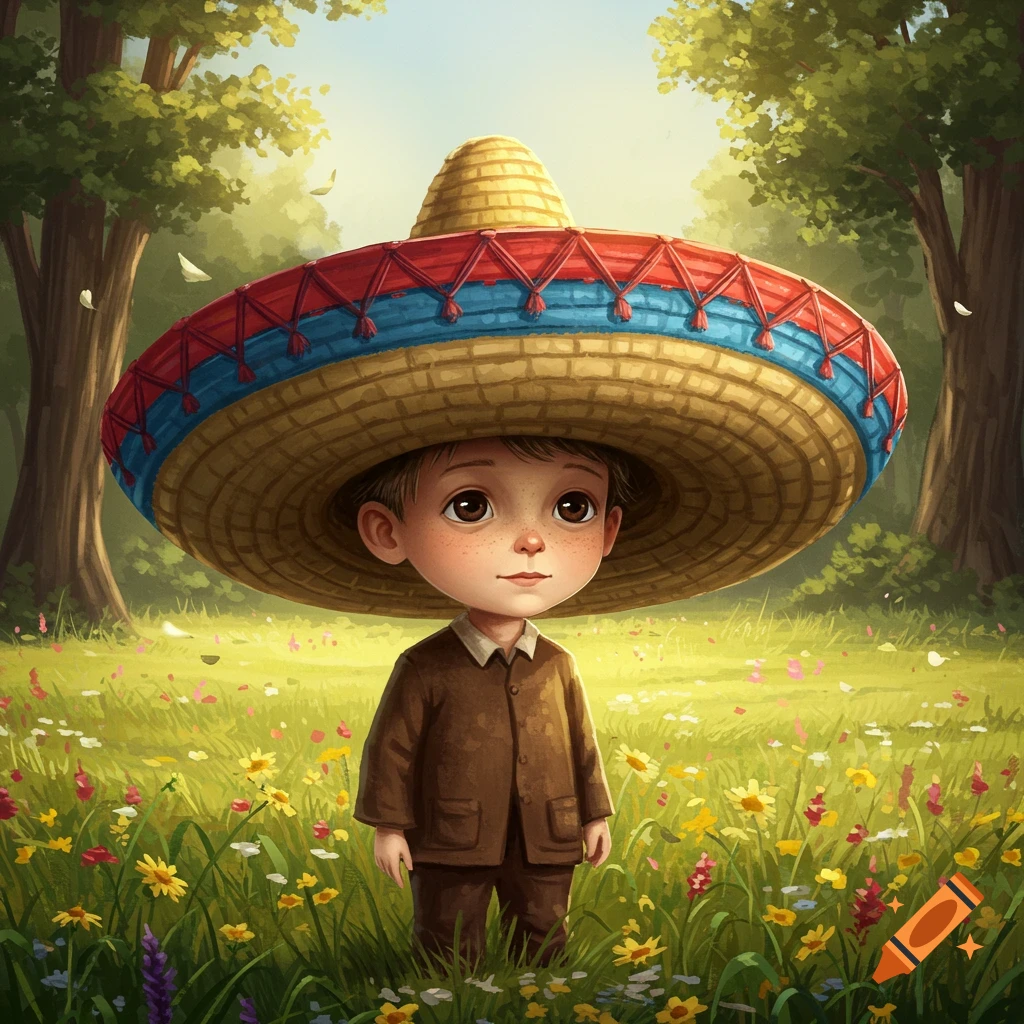 A small child wearing an oversized sombrero stands in a sunlit field of wildflowers with trees in the background, in an illustrative style.