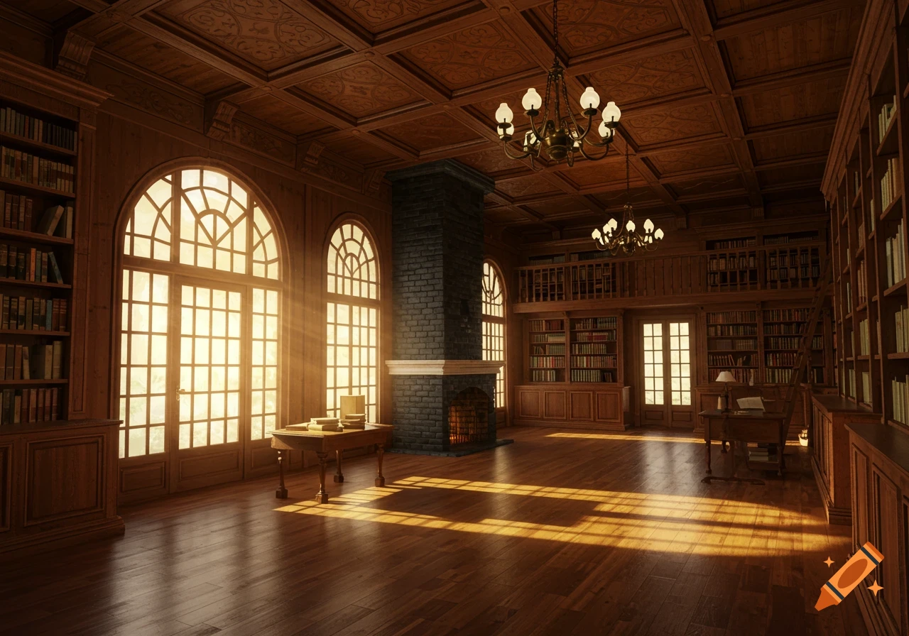 A grand, sunlit library with high ceilings, tall arched windows, wooden bookshelves, and a stone fireplace.
