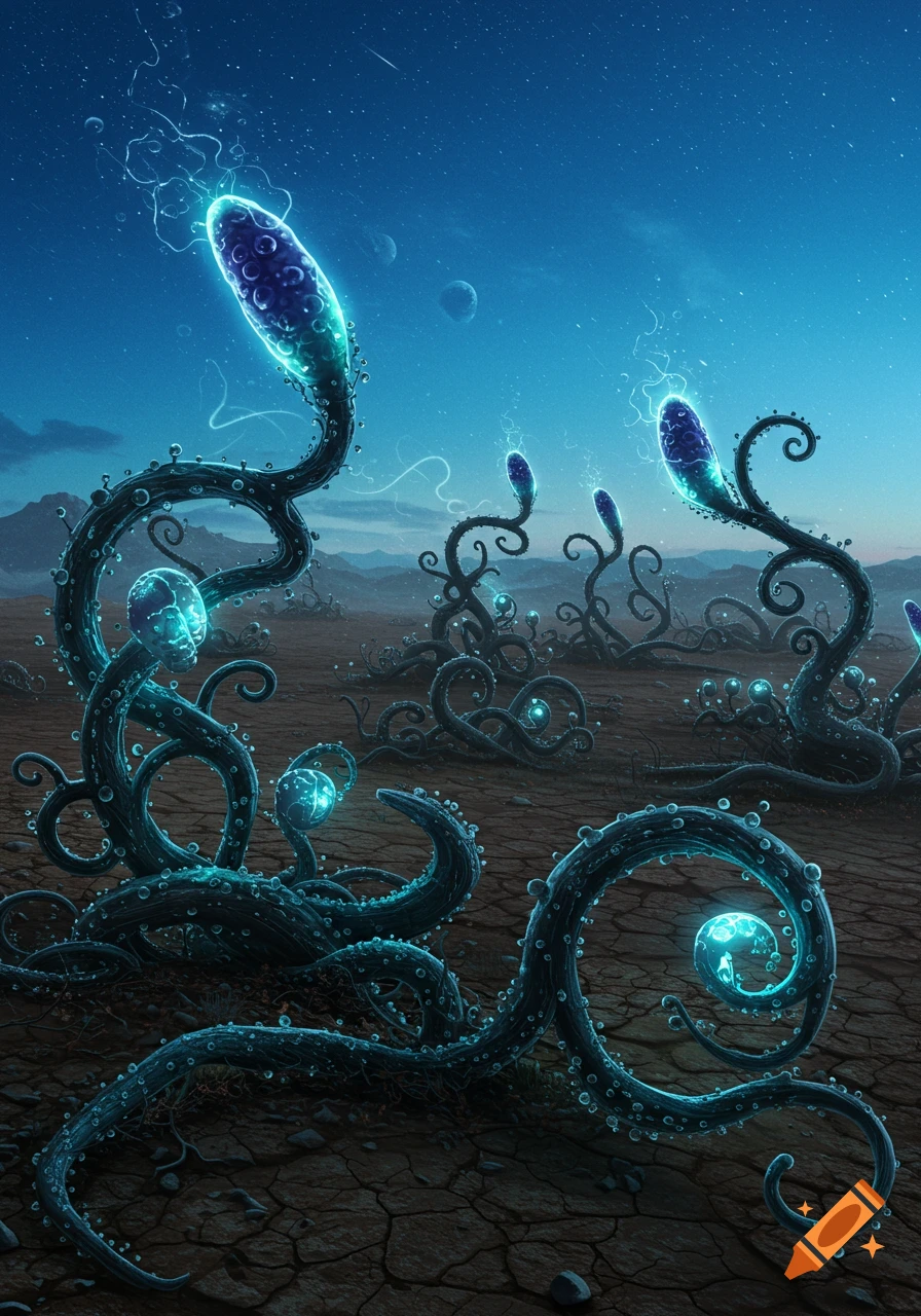 Glowing alien tentacle-like plants with bioluminescent pods in a cracked desert landscape under a starry blue alien sky with distant planets.