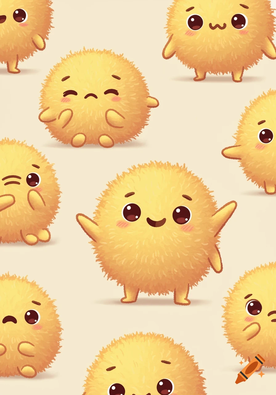 A seamless pattern of cute, fluffy, yellow cartoon creatures with various expressions on a light background.