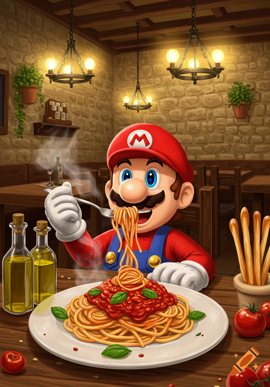 Mario eats a large plate of spaghetti with tomato sauce in an Italian restaurant setting, cartoon style.