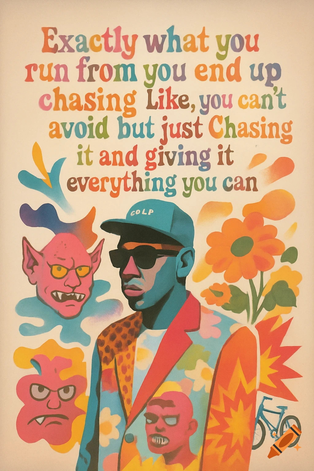 A colorful pop art illustration featuring a man in a hat and sunglasses, surrounded by stylized monsters, flowers, and a bicycle, with a motivational quote above.